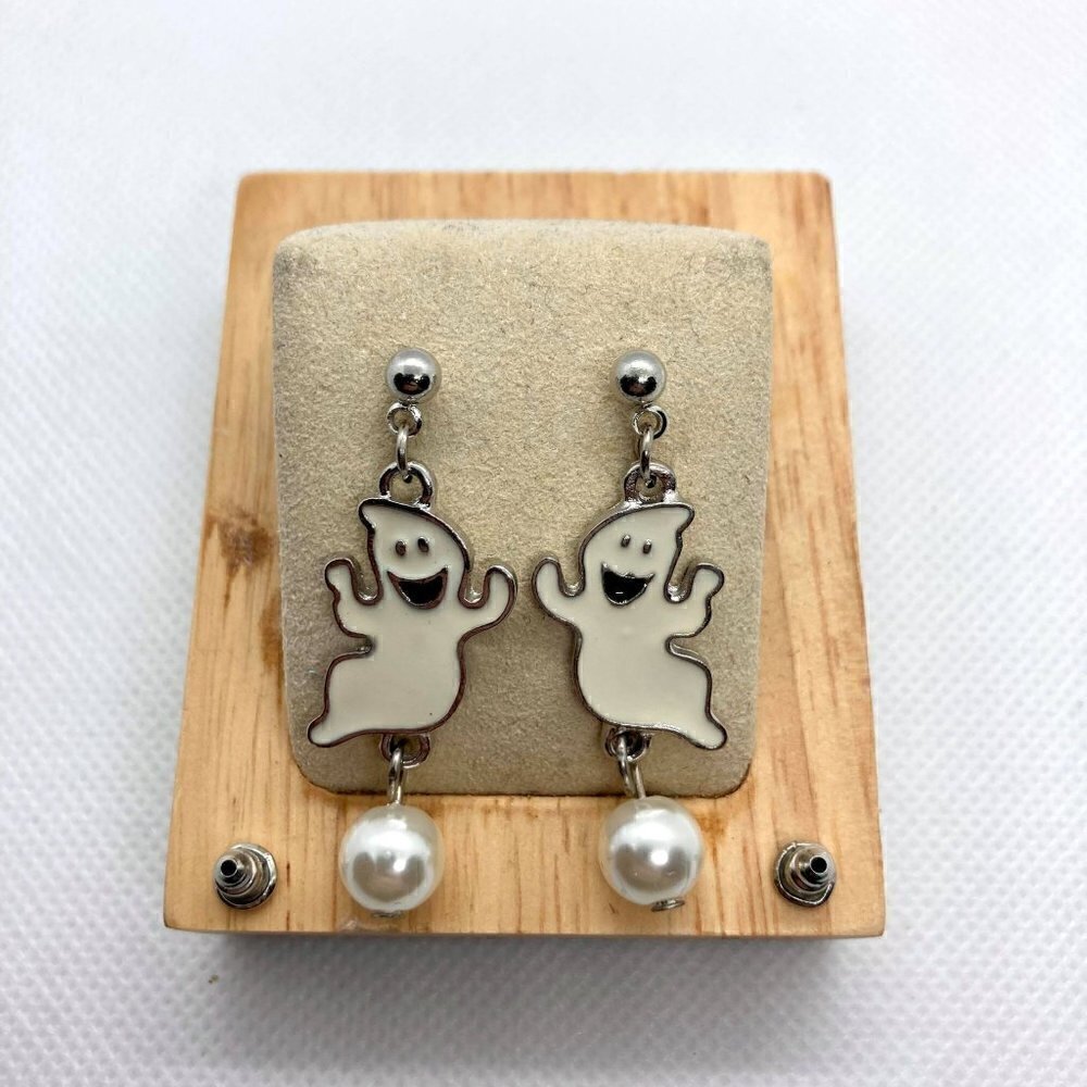 Ghost Earrings Faux Pearl Silver Tone Zinc Alloy